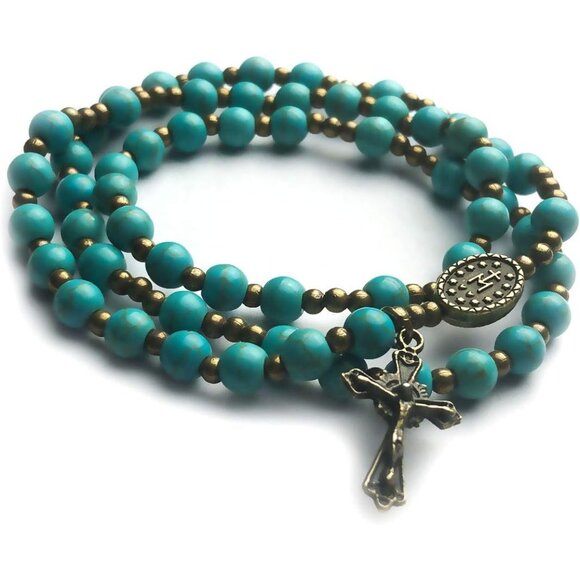 Turquoise Stone Catholic Rosary Bracelet for Women with Miraculous Medal Charm - Picture 2 of 6